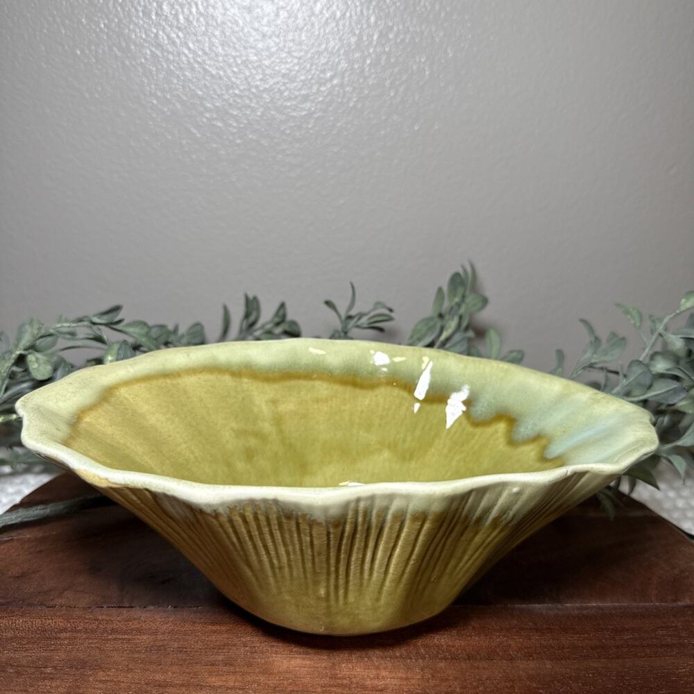 Vintage Mid Century USA P-1 Drip Glaze Pottery Console Bowl Green Yellow 50s 60s